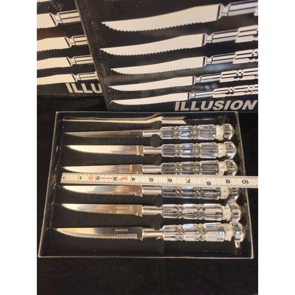 Illusion Vintage Stainless Steel Steak Knives Set Of 6 With Crystal Handles - Picture 2 of 6